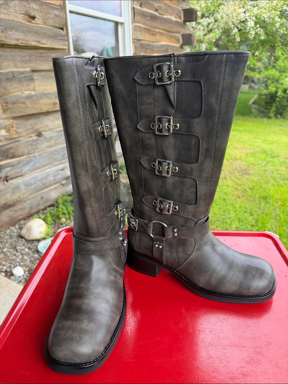 Shoe Dazzle Gray Buckle Mid-Calf Boots